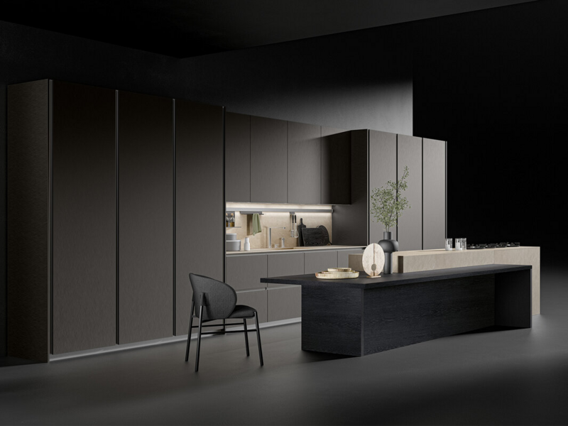 Base units CX 18 in metal black with black curved groove. Worktop, side and back panels in stoneware Blanco Plus Abujardado Pacific. Tall units CX 18 in metal black with black curved groove. Wall units CX 18 in metal nichel. Snack top in carbone oak wood.